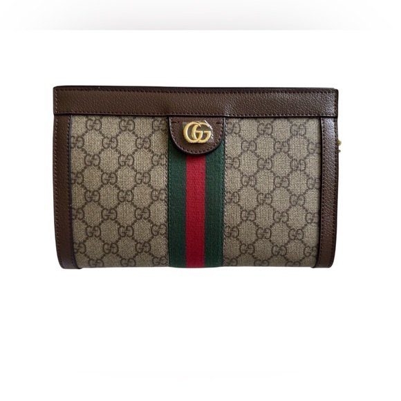 Designer Inspired Brown and Beige Clutch with Green and Red Stripe - Picture 2 of 8